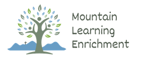 a logo for mountain learning enrichment with a tree and mountains in the background .