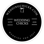 Circular logo for Wedding Chicks. Black background, white text.
