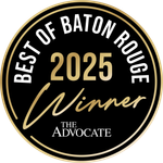 Best of Baton Rouge 2025 Winner seal. Black circle with gold accents, text, and