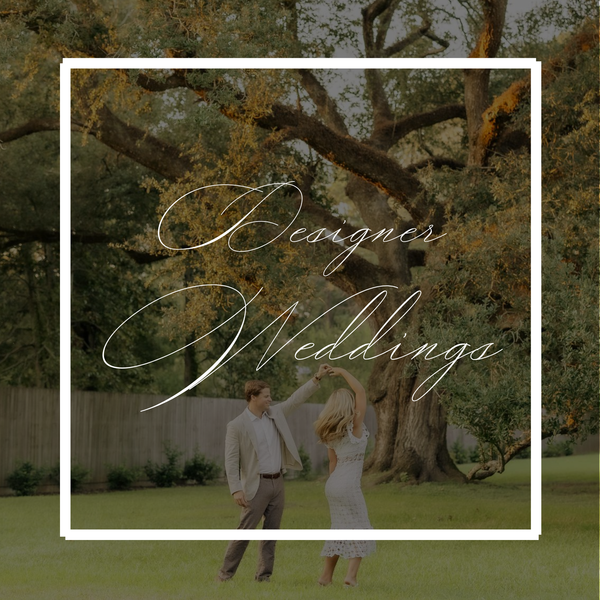 Couple dancing in front of a tree, framed in a white square with the words