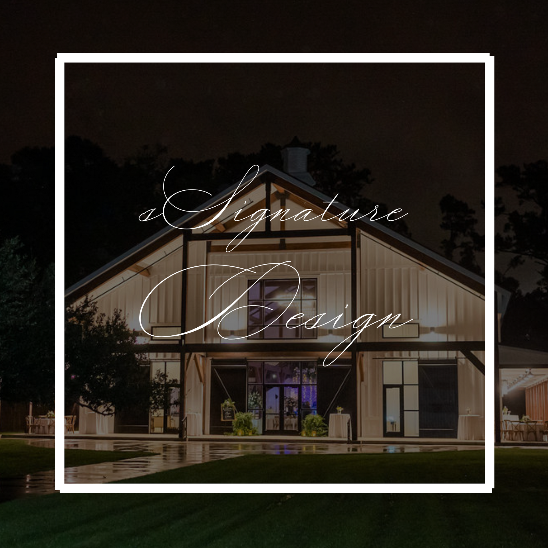 Barn-style building at night with lit interior, outlined by a white square, and cursive text