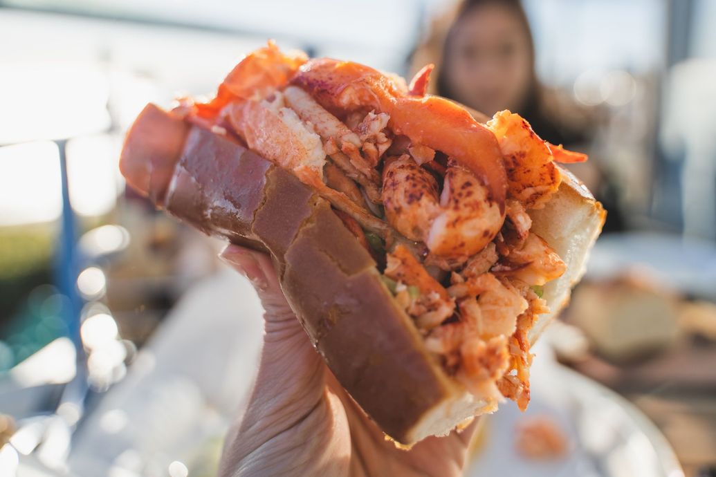 A person is holding a lobster roll in their hand.