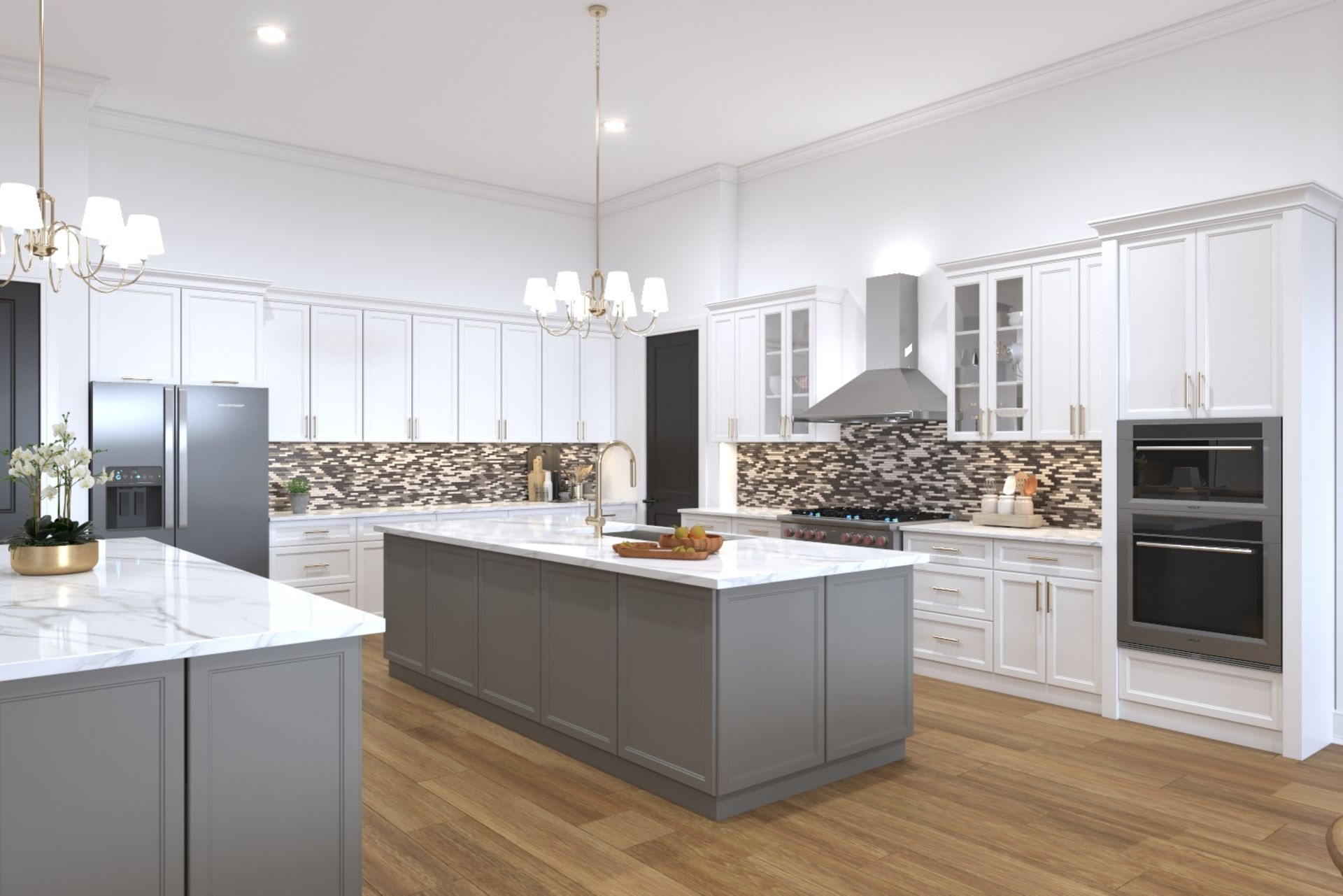 Modern white and gray kitchen with an island and tile backsplash.