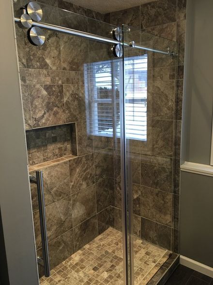 Newly Installed Barn-Style Shower Door — Buckeye Custom Glass — Canal Winchester, OH
