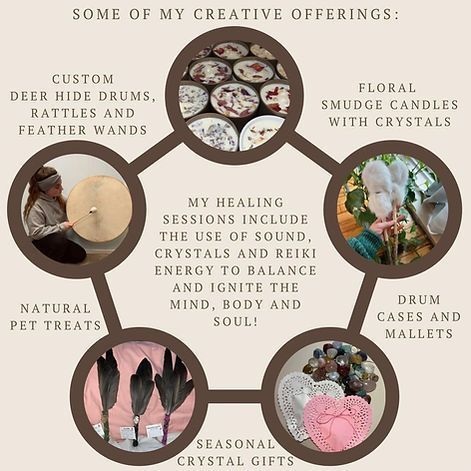 Some of my creative offerings include custom deer hide drums , rattles and feather wands.