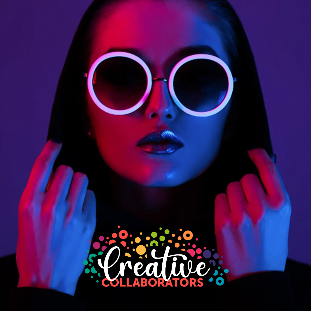 A woman wearing sunglasses with the words creative collaborators below her