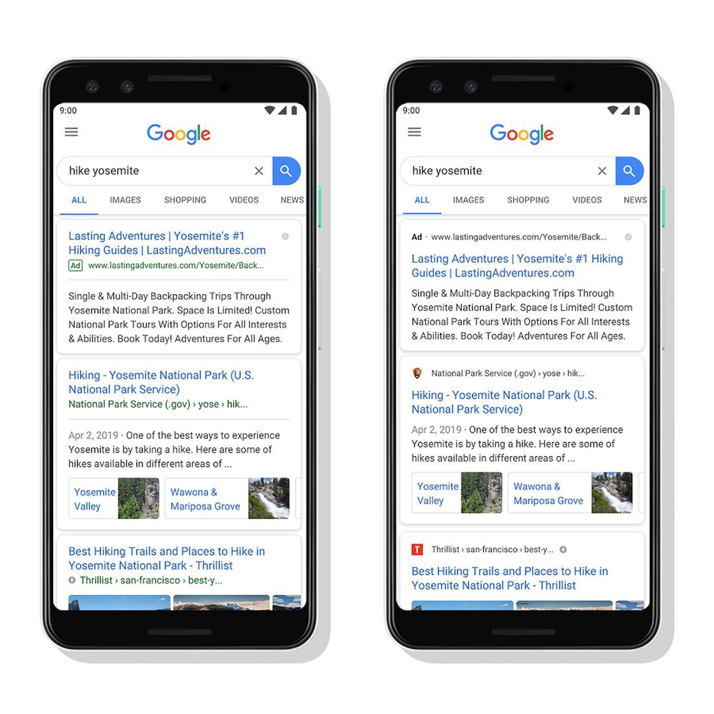 Two phones are open to a google search page.