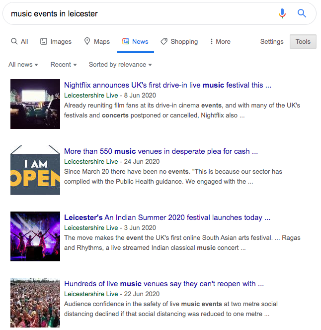 A google search for music events in leicester