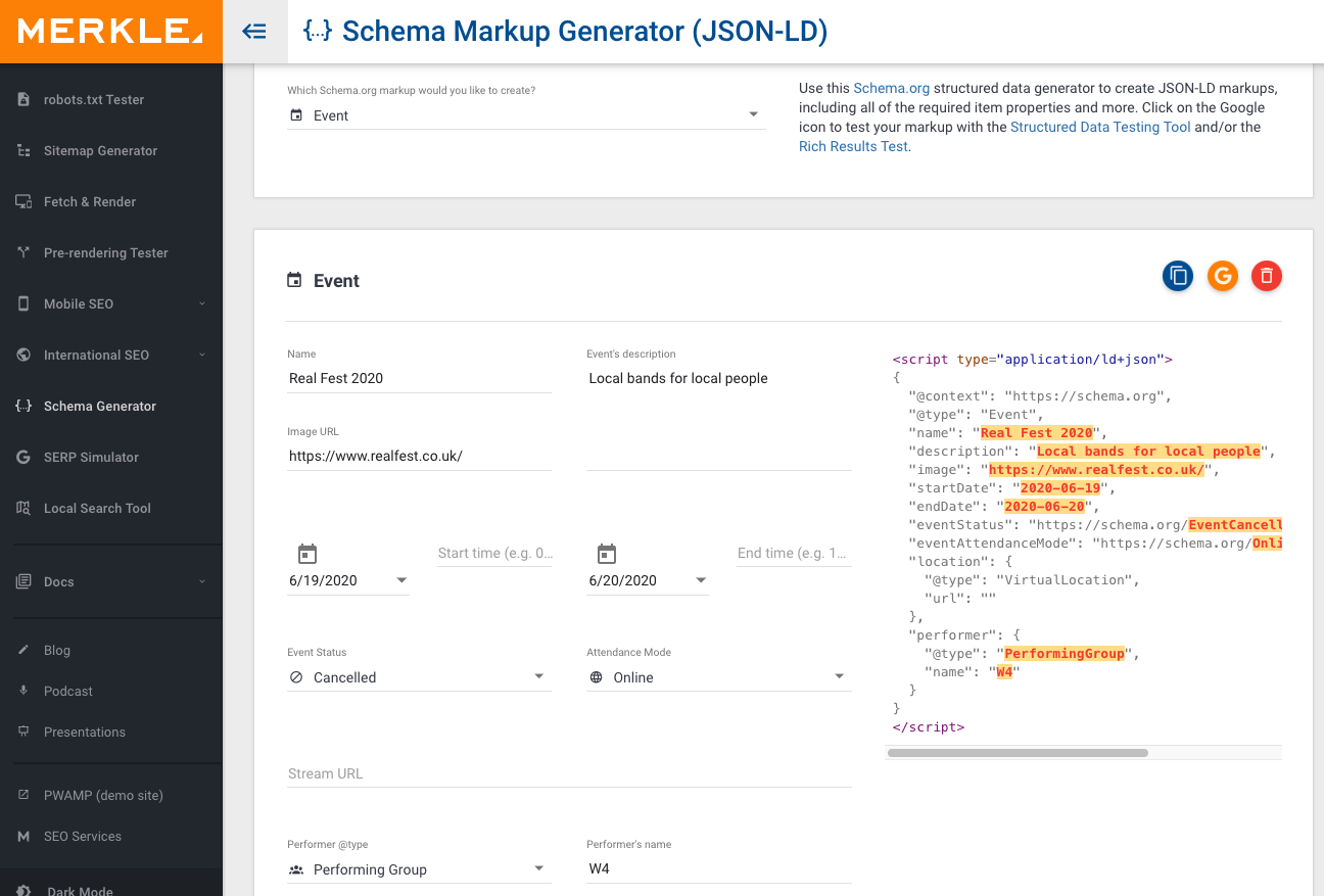 A screenshot of a web page showing a schema markup generator
