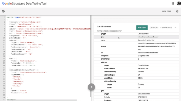 A screen shot of a google structured data testing tool