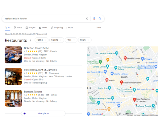 A screenshot of a google search for restaurants in london.