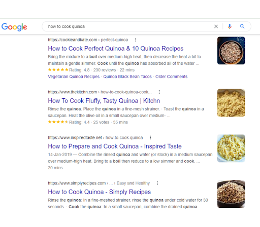 A google search for how to cook perfect quinoa and 10 quinoa recipes