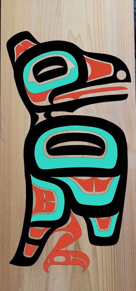 a turquoise, red and black formline wolf