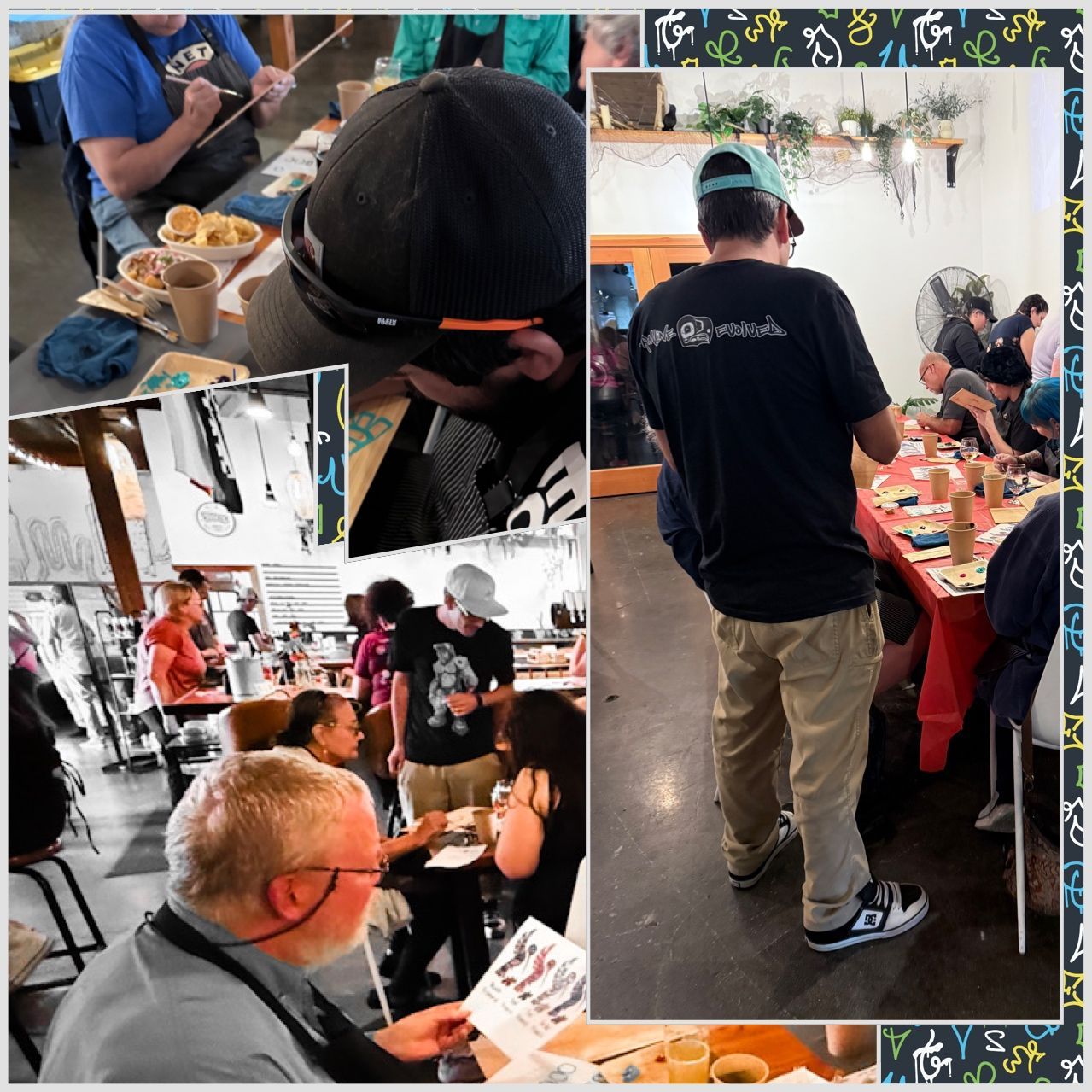 instructor and students making art