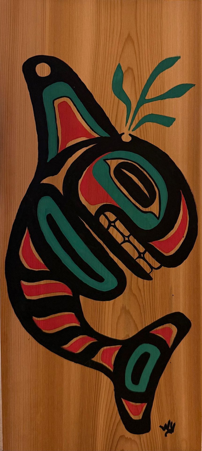 a colorful formine orca on a redcedar panel