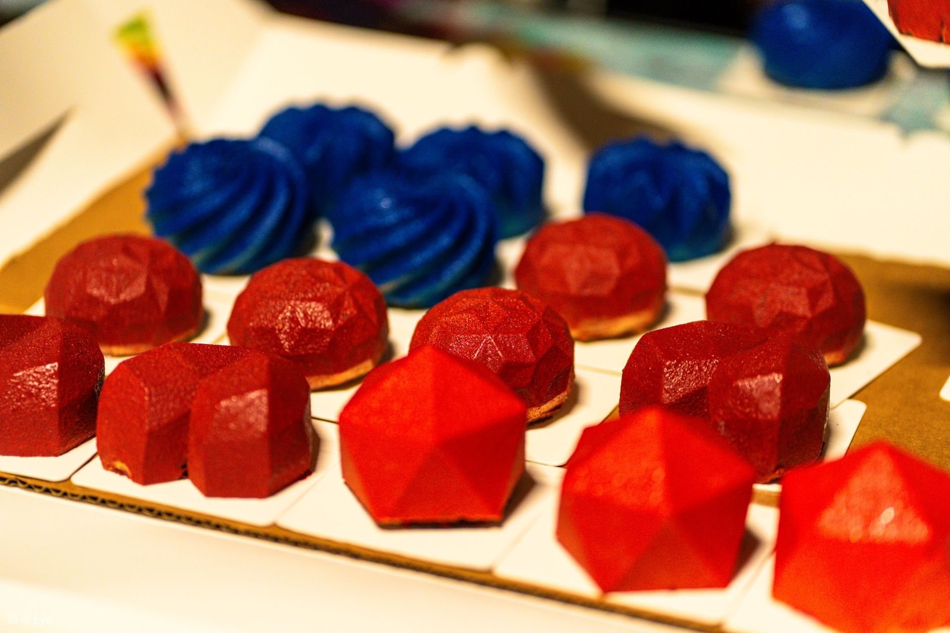 blue and red geometric shaped desserts