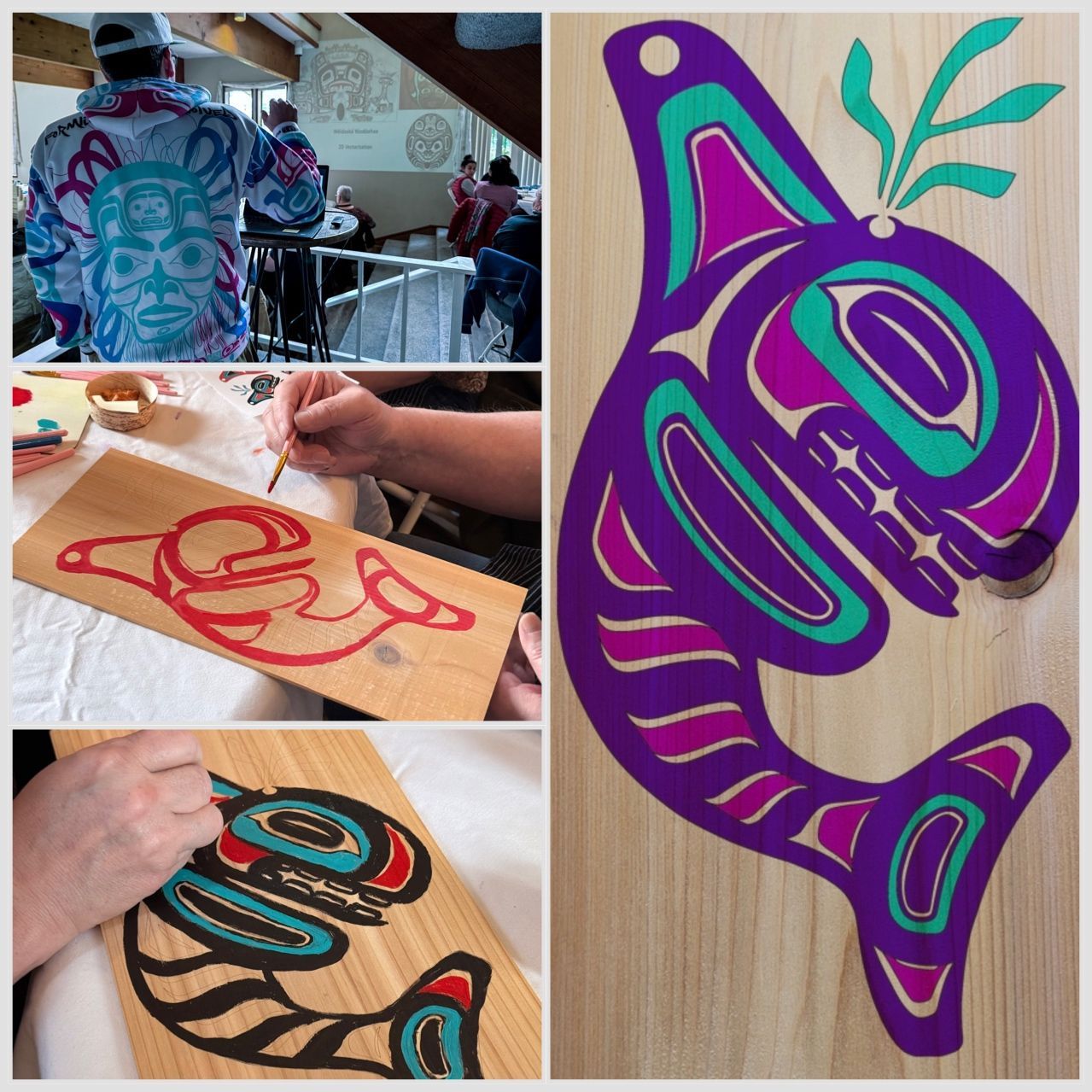 purple and fuchsia formline orca on a cedar panel