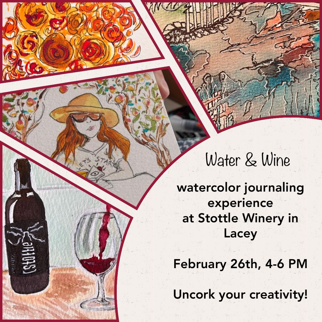 a watercolor of a bottle of wine, a woman, a bouquet of flowers