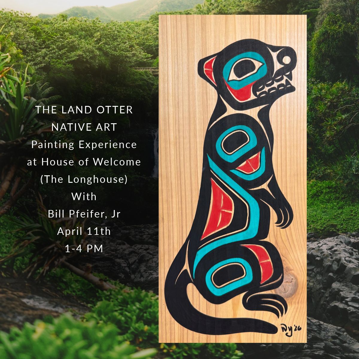 A red, turquoise and black formline art Land Otter