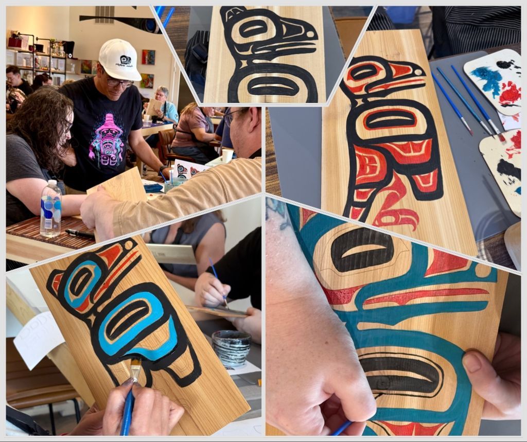 a collage of colorfully painted formline Ravens