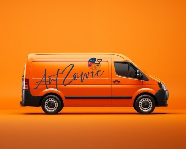 An orange van is parked on an orange background.