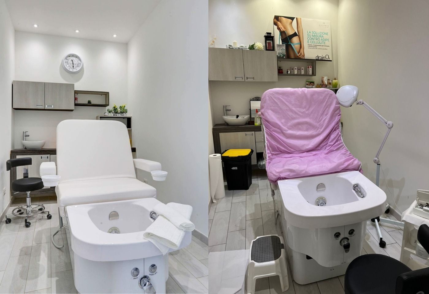 Due foto di un salone per unghie con una sedia e un lavandino.