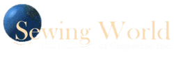 A logo for sewing world with a blue ball in the middle