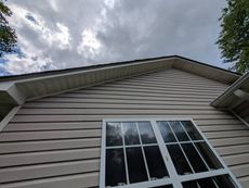 Beige siding on a house with a window, under a cloudy sky.