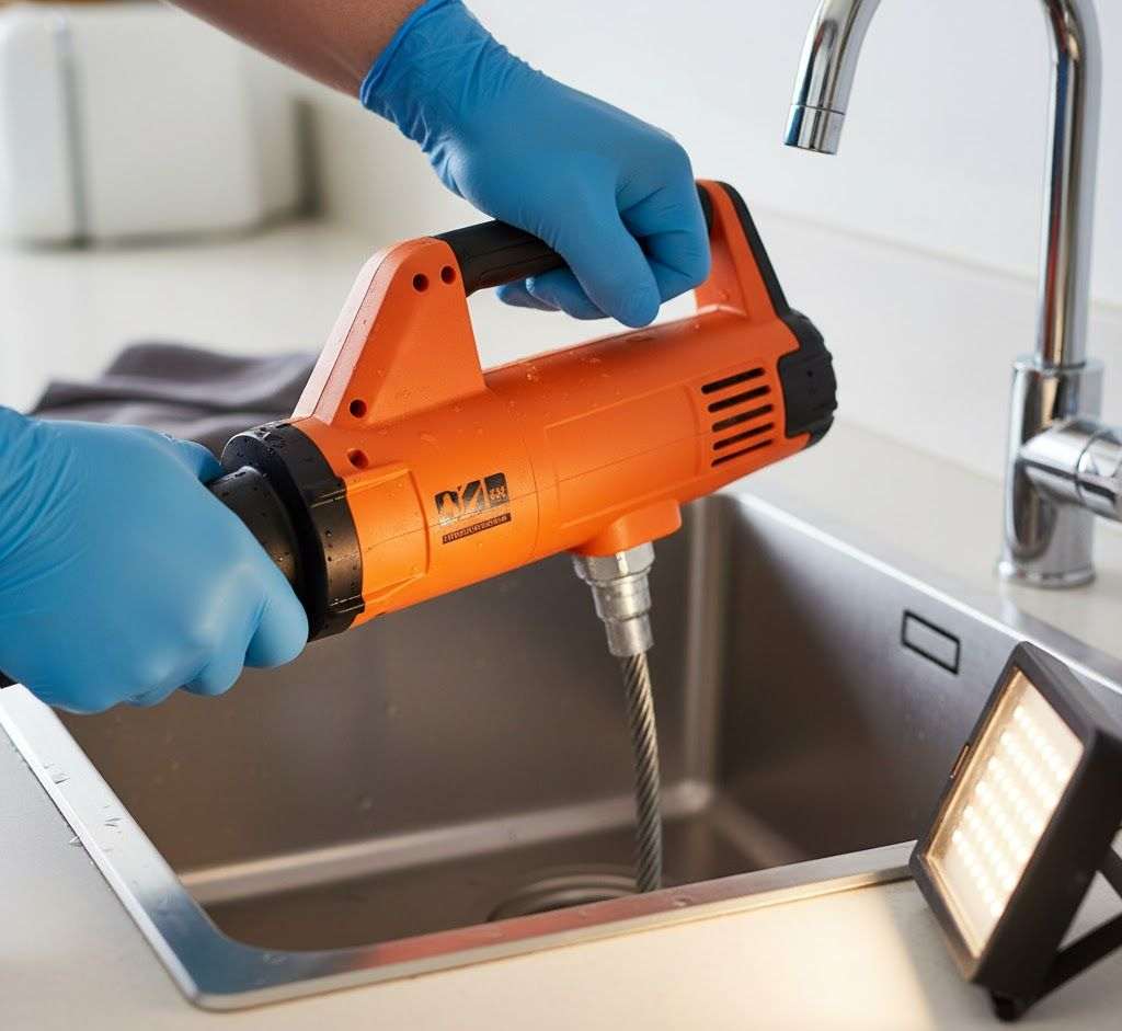 Person in blue gloves using an orange drain snake in a stainless steel sink to unclog a drain.