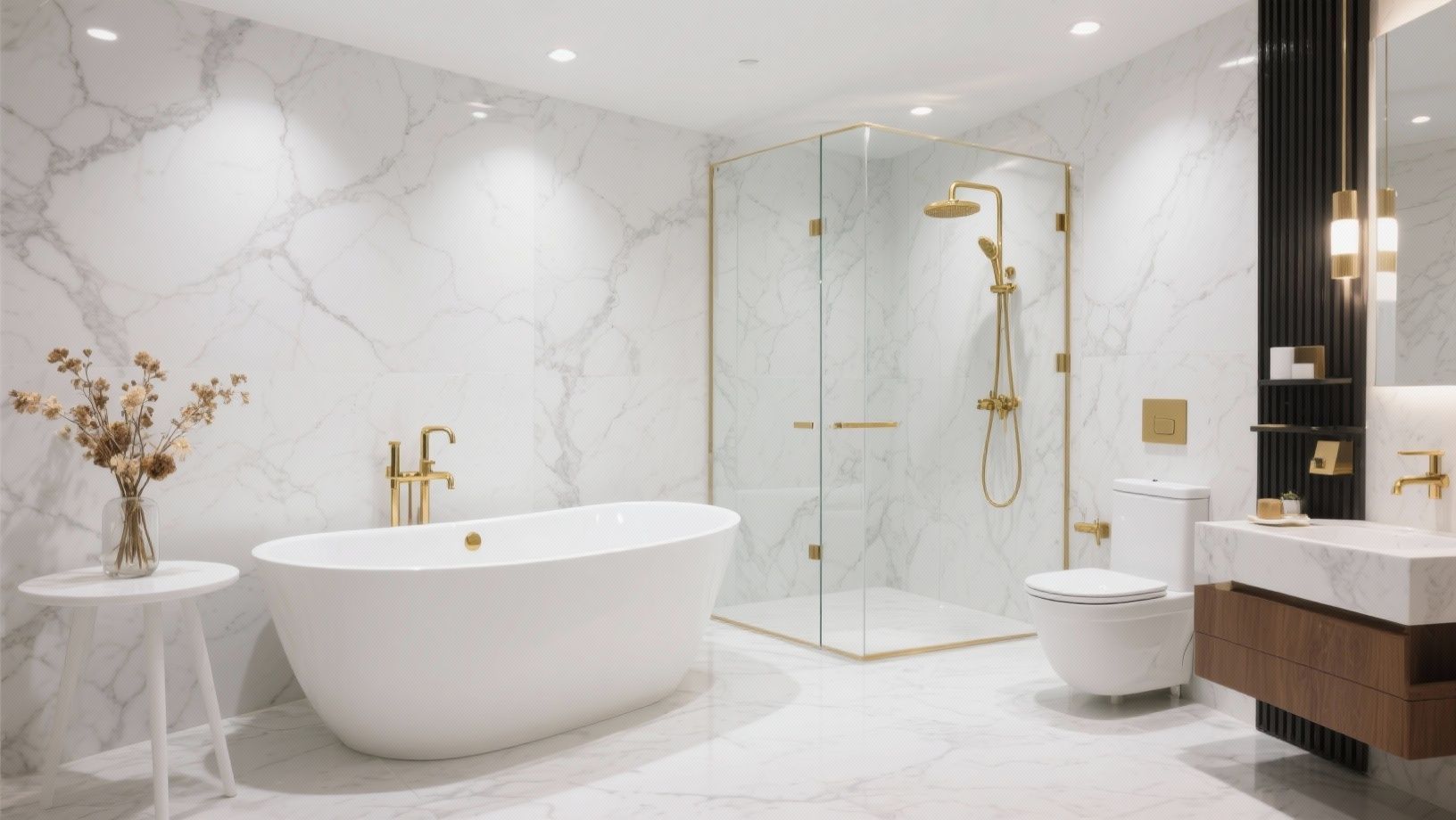 Luxurious white and gold bathroom with marble walls, a freestanding tub, and a glass shower.