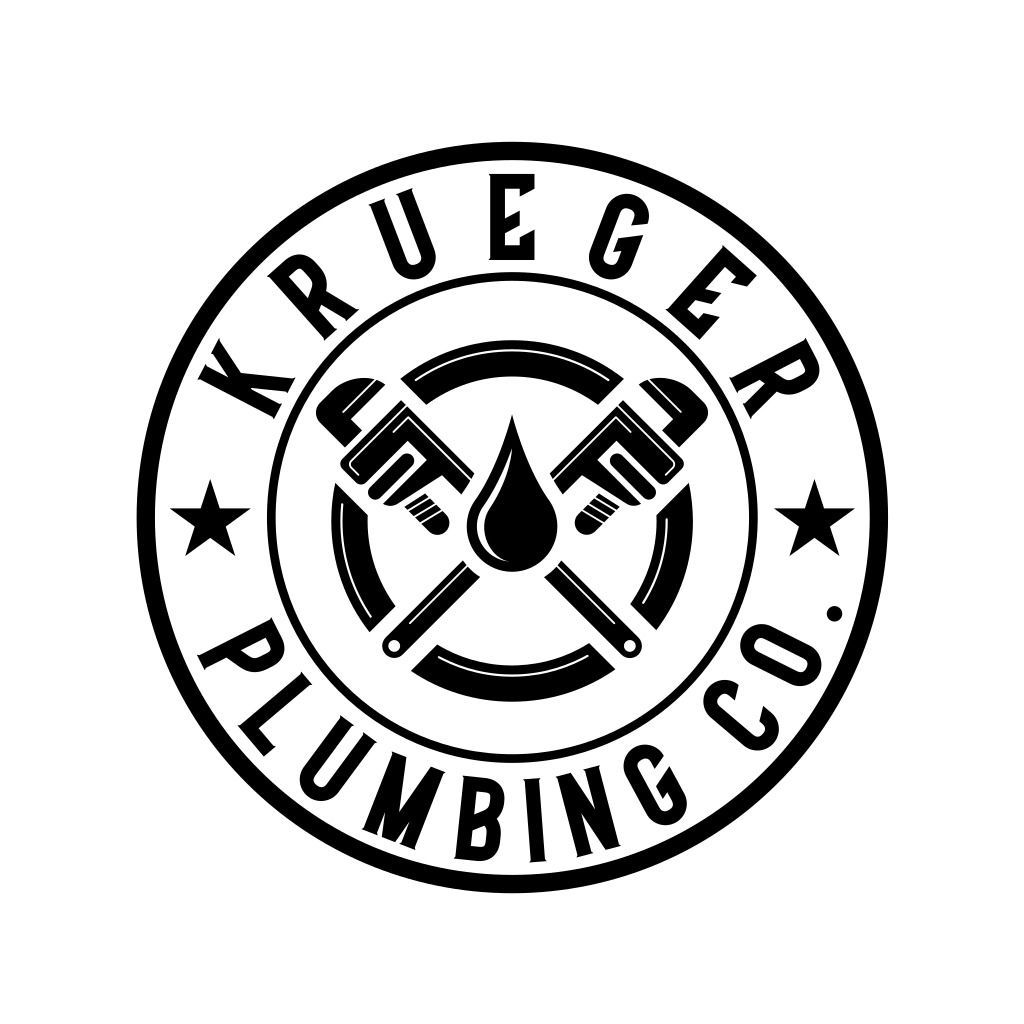 Krueger Plumbing Co. logo: Circle with crossed wrenches, water drop, stars, and company name.