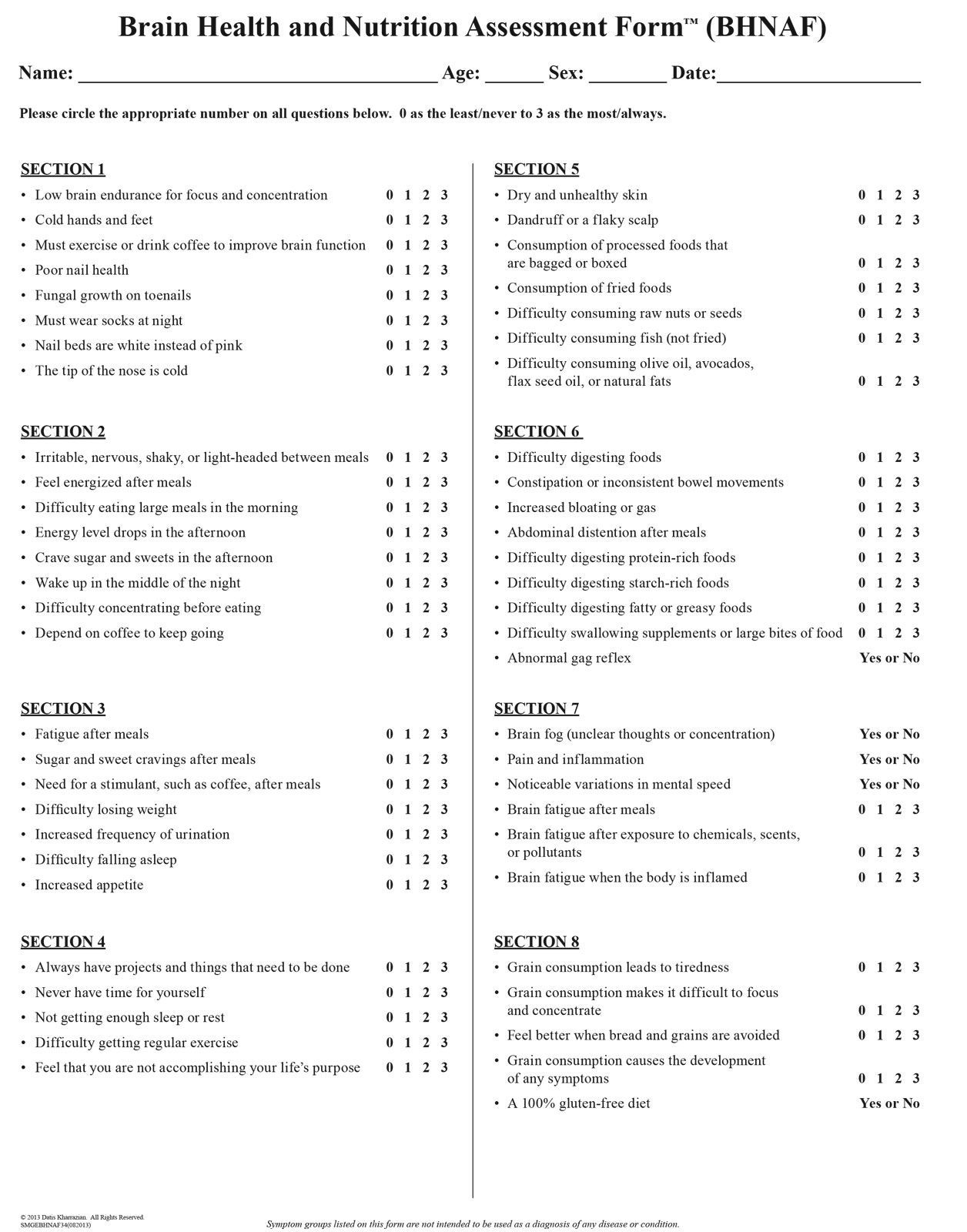 A brain health and nutrition assessment form is shown on a white background.