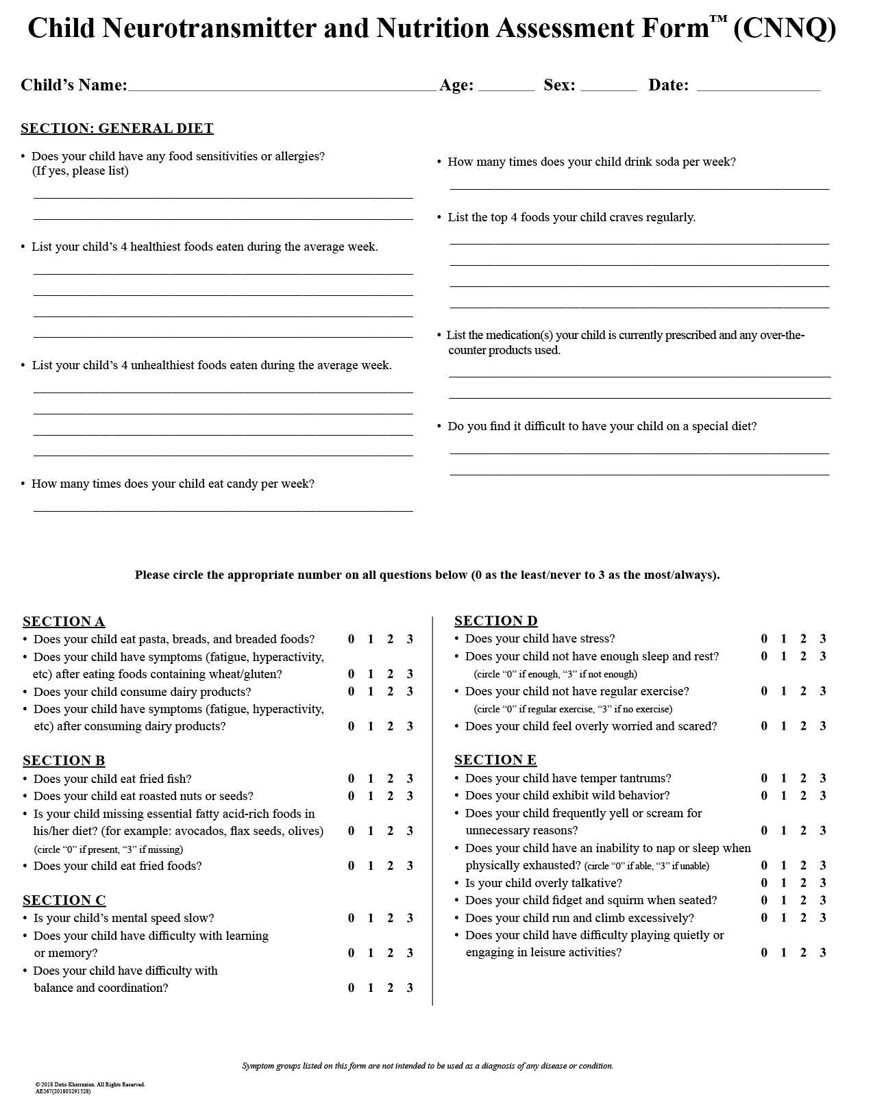 A child neurotherapeutic and nutrition assessment form is shown on a white background.