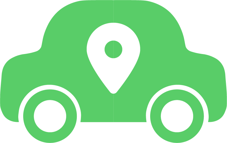 A green car with a white pin on top of it.