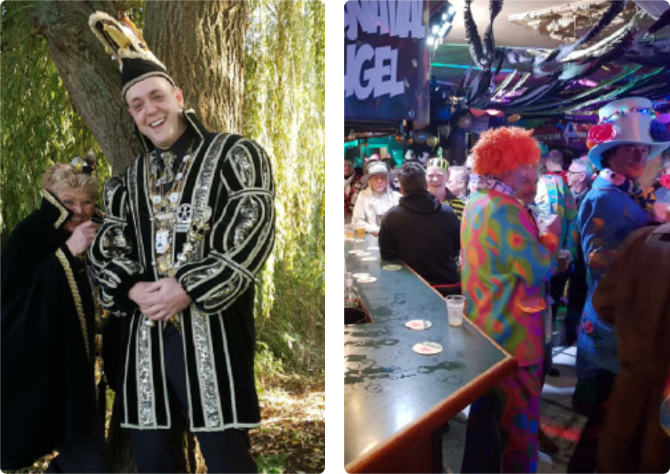 Two photos: man in ornate costume with woman, and people in costumes at a bar, one a clown.