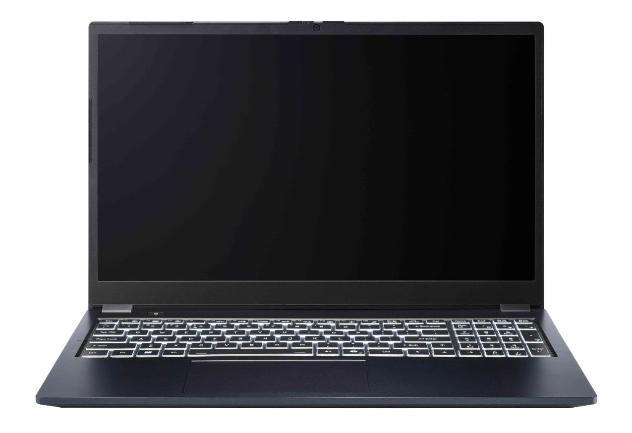 Laptop met zwart scherm en wit toetsenbord.