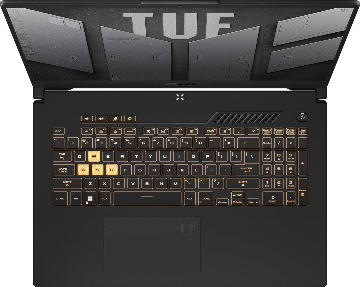 Zwarte ASUS TUF gaminglaptop met oranje verlicht toetsenbord; TUF-logo op het scherm.