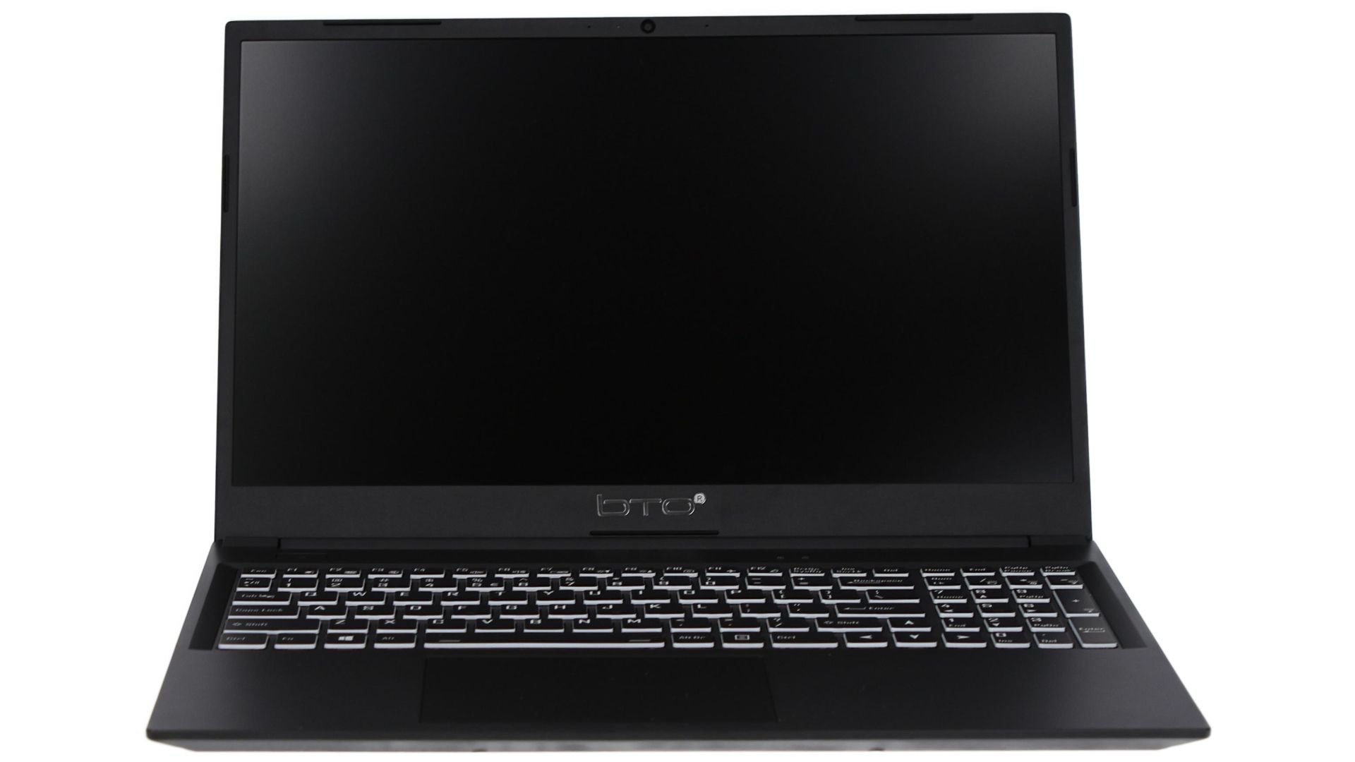 Een laptop met een zwart scherm en een zwart toetsenbord