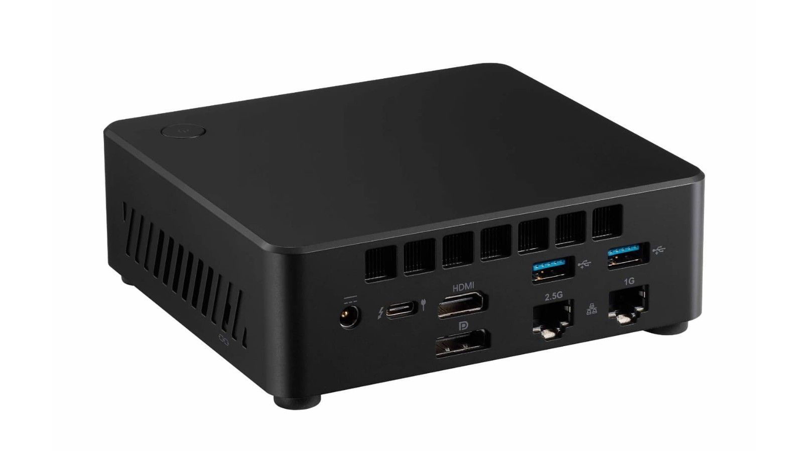 Een klein zwart kastje met veel poorten op een witte achtergrond.