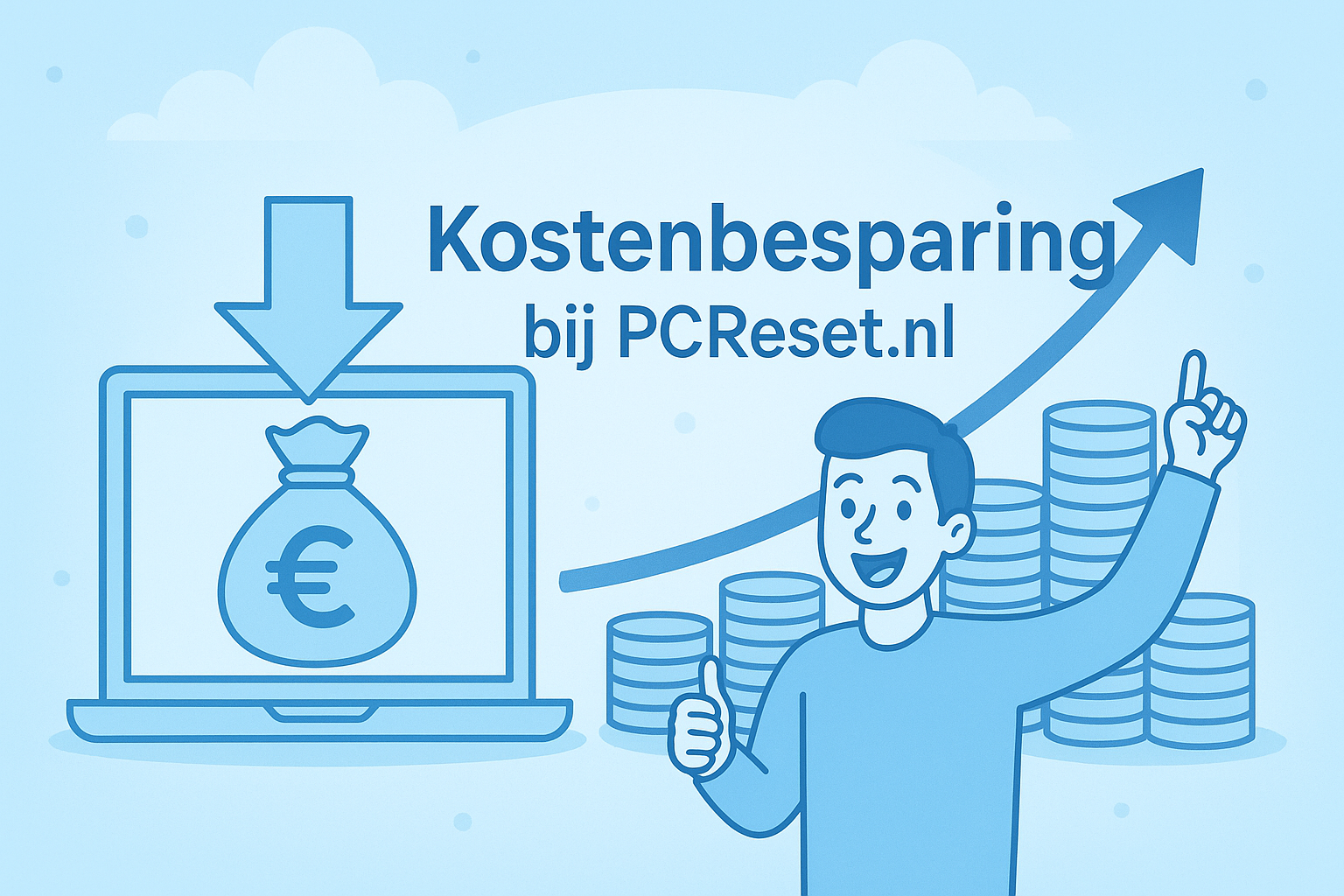 Een illustratie van een laptop, een zak geld en een grafiek.