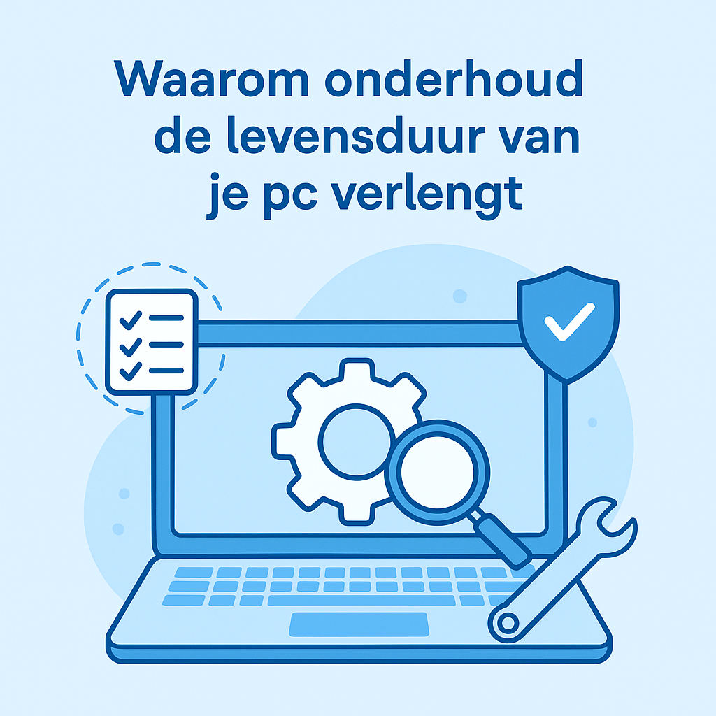 A laptop computer with a magnifying glass and a wrench on it.
