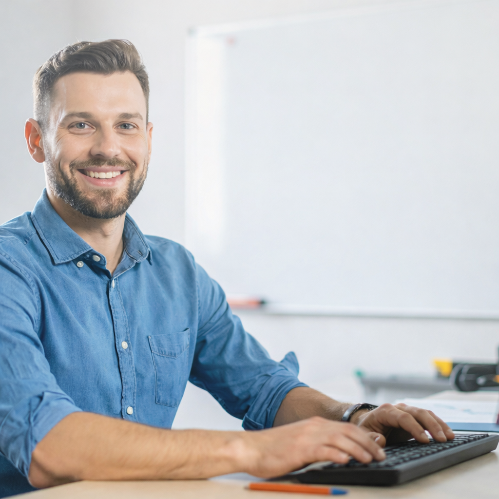 Een man glimlacht achter een bureau en typt op een toetsenbord, met een whiteboard op de achtergrond.
