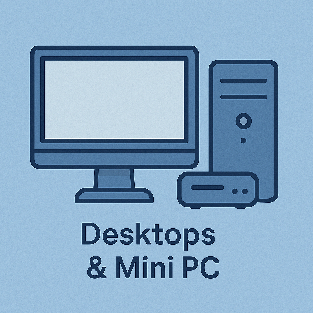 Een icoontje van een bureaublad en een mini-pc op een blauwe achtergrond.