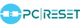 het logo voor pc-reset heeft een blauwe cirkel met een stekker erin.