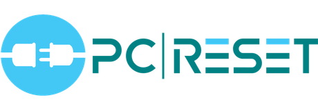 het logo voor pc-reset heeft een blauwe cirkel met een stekker erin.