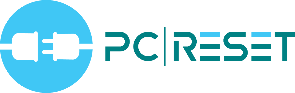 een blauw en groen logo voor een bedrijf genaamd pc reset.