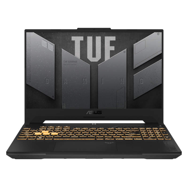 Zwarte ASUS TUF gaminglaptop met oranje verlicht toetsenbord; TUF-logo op het scherm.