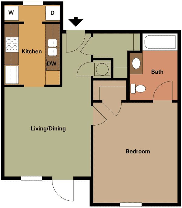 A floor plan of a single bedroom apartment