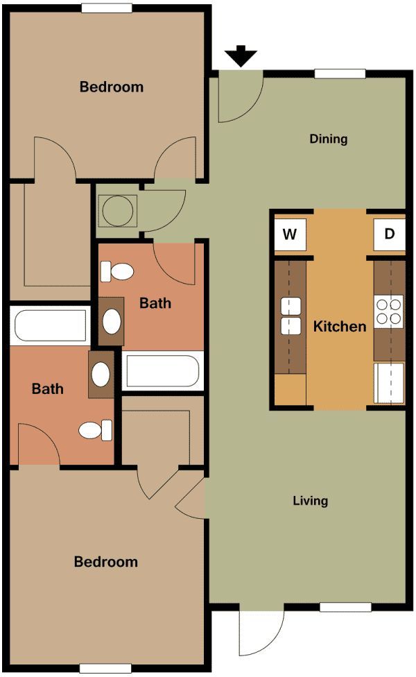 A floor plan of a house with two bedrooms and a bathroom