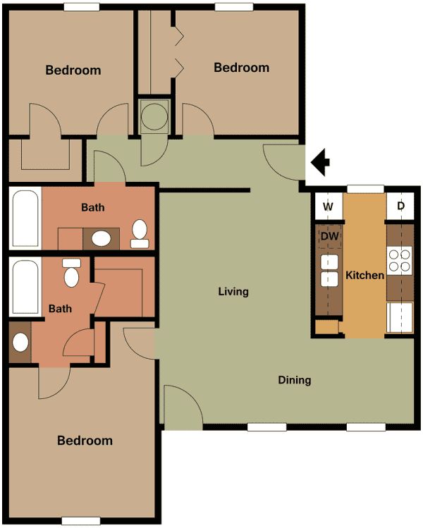 A floor plan of a house with two bedrooms and a bathroom